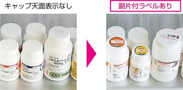 バラボトルキャップに貼付可能な副片ラベルを採用